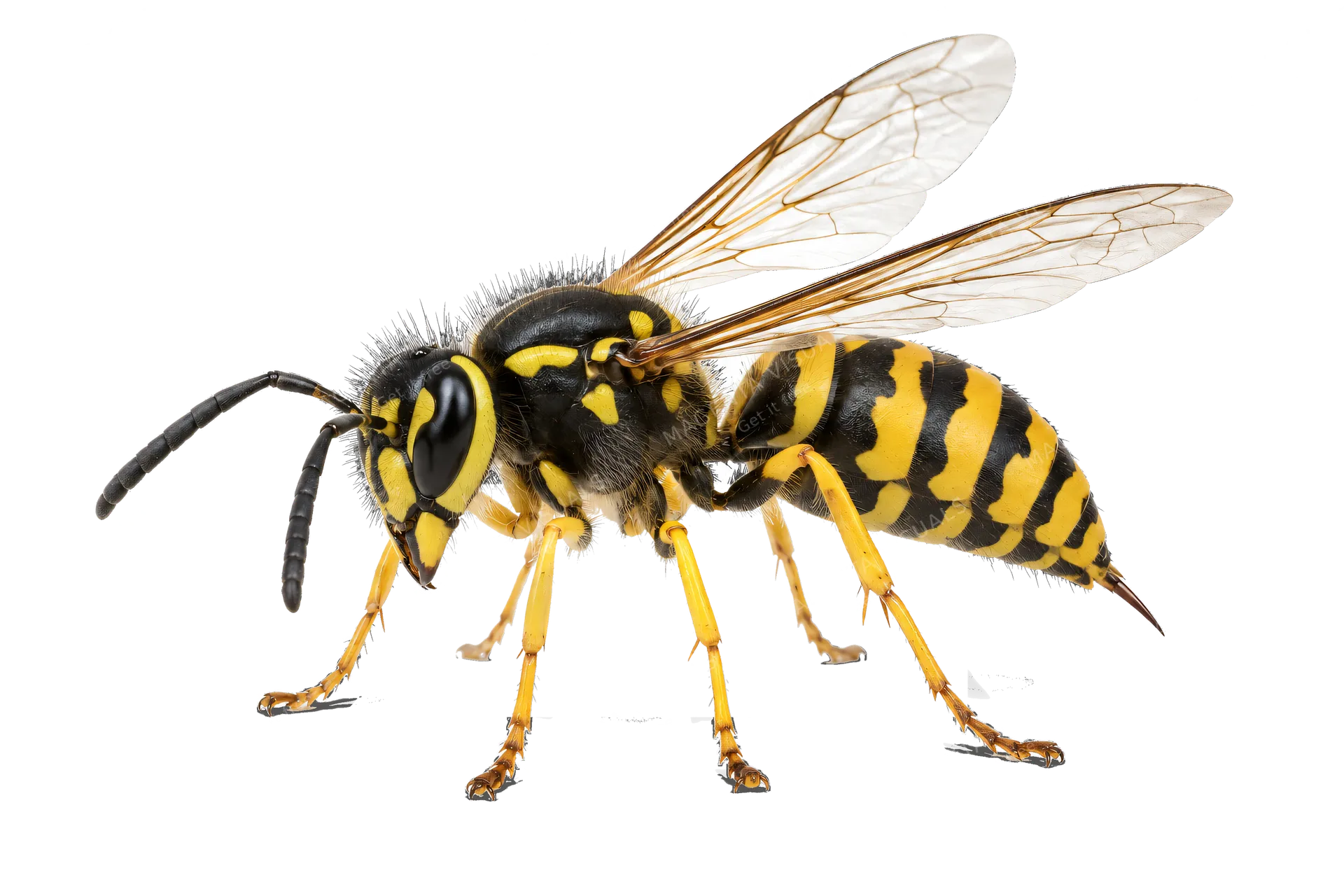 4K transparent cutout of product photography of a single yellow and black wasp with transparent wings and distinct stinger, isolated object, entire subject visible, centered in frame, standing naturally,…