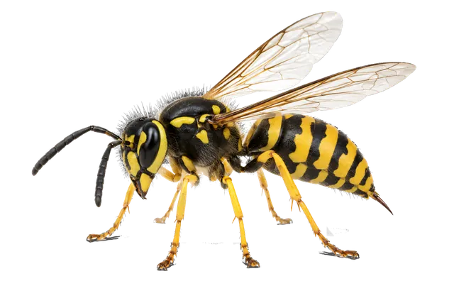 4K transparent cutout of product photography of a single yellow and black wasp with transparent wings and distinct stinger, isolated object, entire subject visible, centered in frame, standing naturally,…
