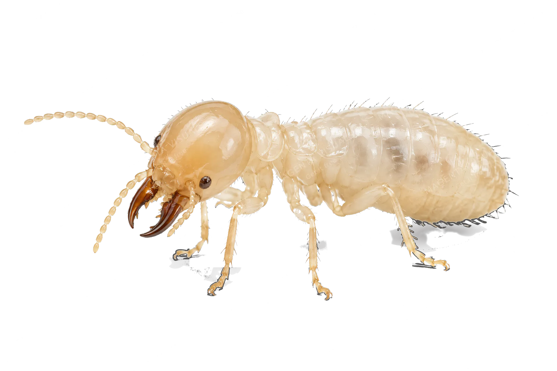 4K transparent cutout of product photography of a single pale-colored termite with a rounded head, pronounced mandibles, and a segmented translucent-looking body, isolated object, entire subject visible,…