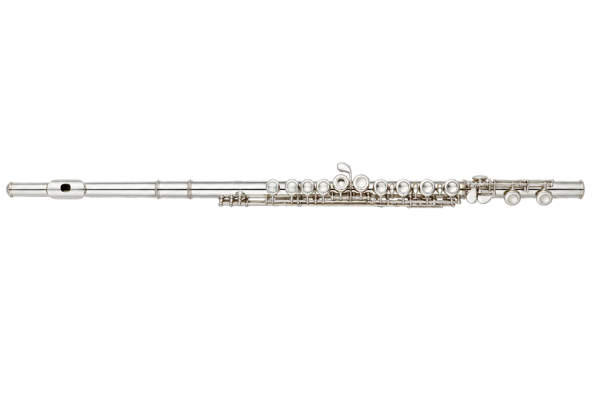 4K transparent cutout of product photography of a single silver transverse flute, isolated object, entire subject visible, centered in frame, pure white background, seamless white backdrop, high key studi…