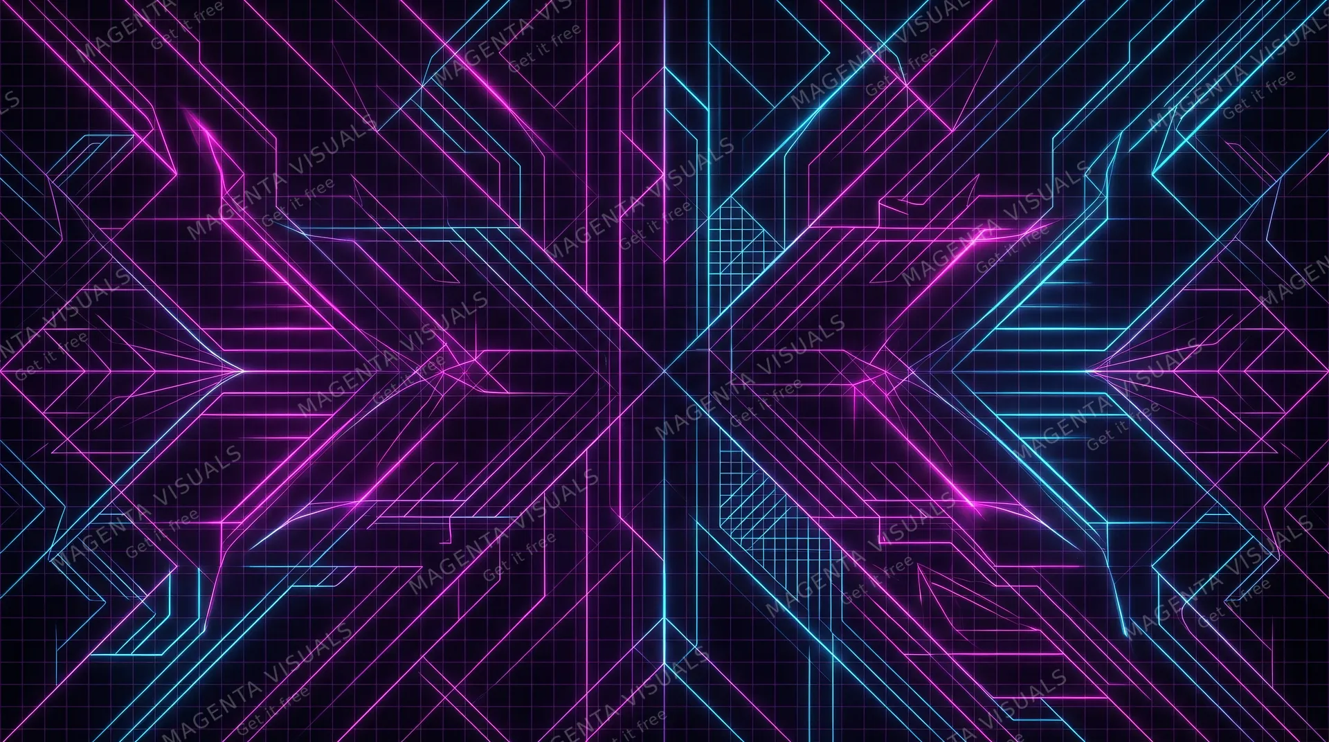 4K 16:9 widescreen background, desktop wallpaper or UI backdrop, dark full-bleed neon pattern of glowing magenta and cyan linework on black, subtle grid, synthwave backdrop, no chara…