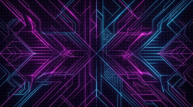 4K 16:9 widescreen background, desktop wallpaper or UI backdrop, dark full-bleed neon pattern of glowing magenta and cyan linework on black, subtle grid, synthwave backdrop, no chara…