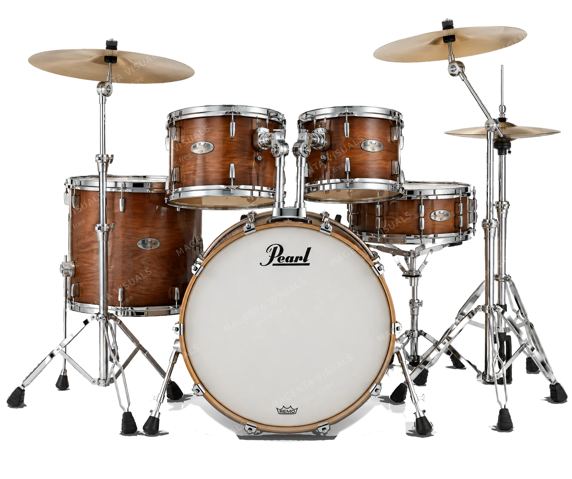 4K transparent cutout of product photography of a single professional 5-piece acoustic drum kit, isolated object, entire subject visible, centered in frame, pure white background, seamless white backdrop,…