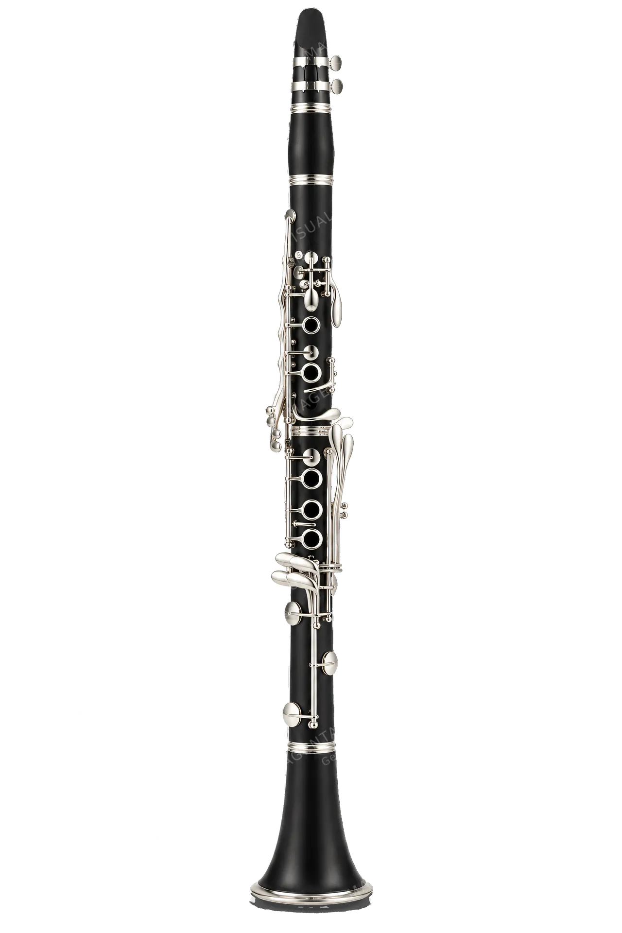4K transparent cutout of product photography of a single black wooden clarinet with polished silver keys and joints, isolated object, entire subject visible, centered in frame, pure white background, seam…