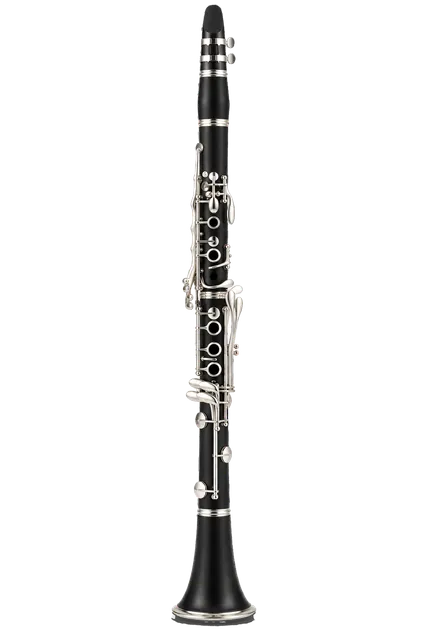 4K transparent cutout of product photography of a single black wooden clarinet with polished silver keys and joints, isolated object, entire subject visible, centered in frame, pure white background, seam…