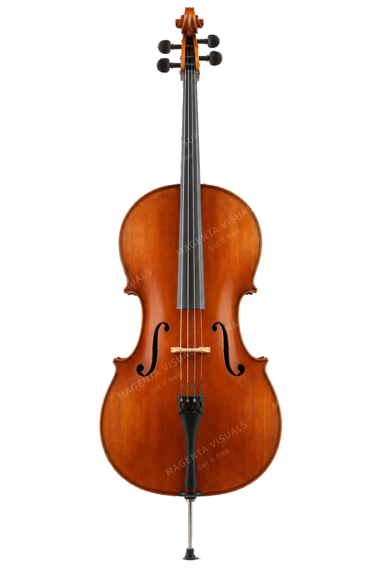 4K transparent cutout of product photography of a single wooden cello, isolated object, entire subject visible, centered in frame, pure white background, seamless white backdrop, high key studio lighting,…