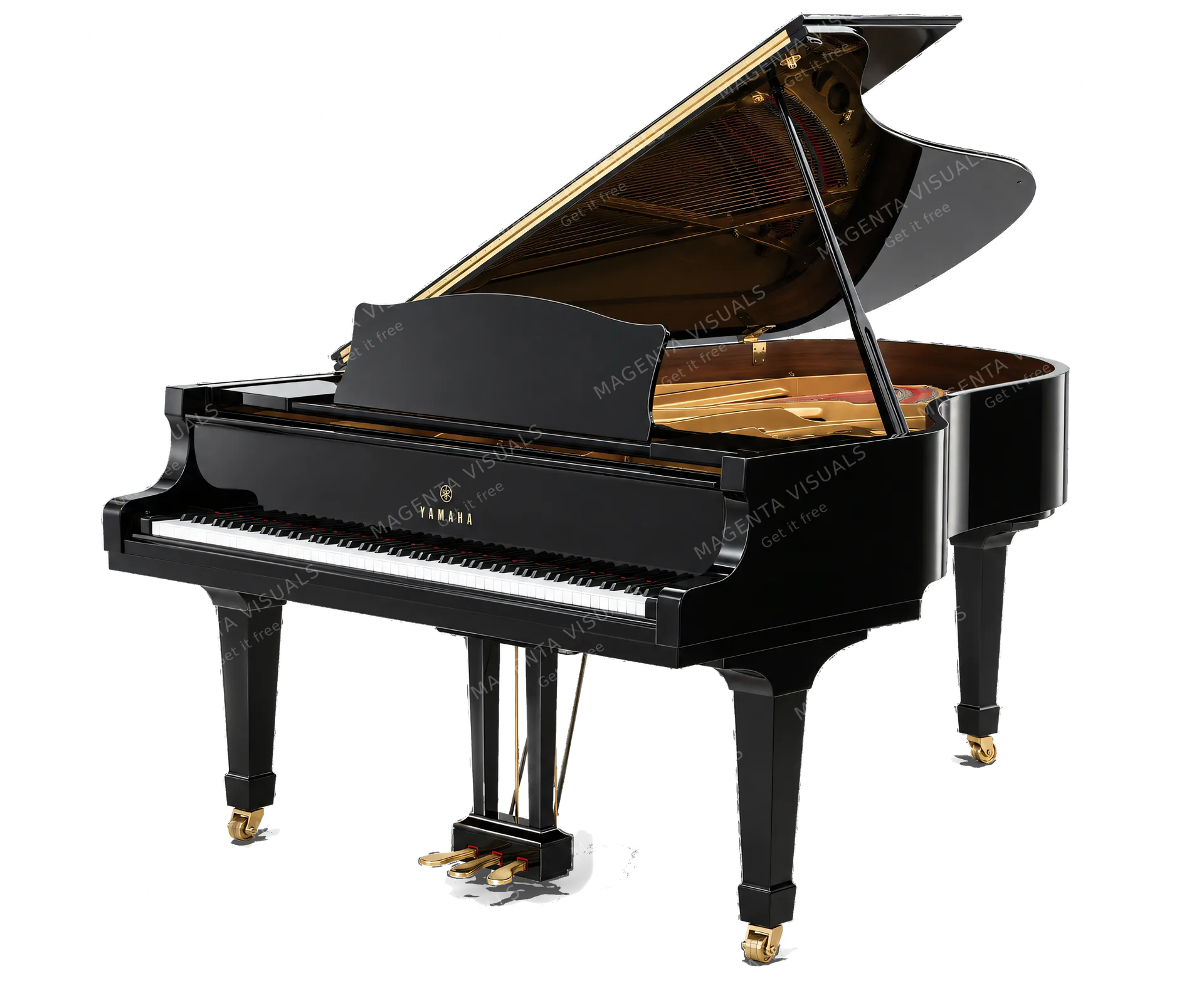 4K transparent cutout of product photography of a single classic black grand piano, isolated object, entire subject visible, centered in frame, pure white background, seamless white backdrop, high key stu…