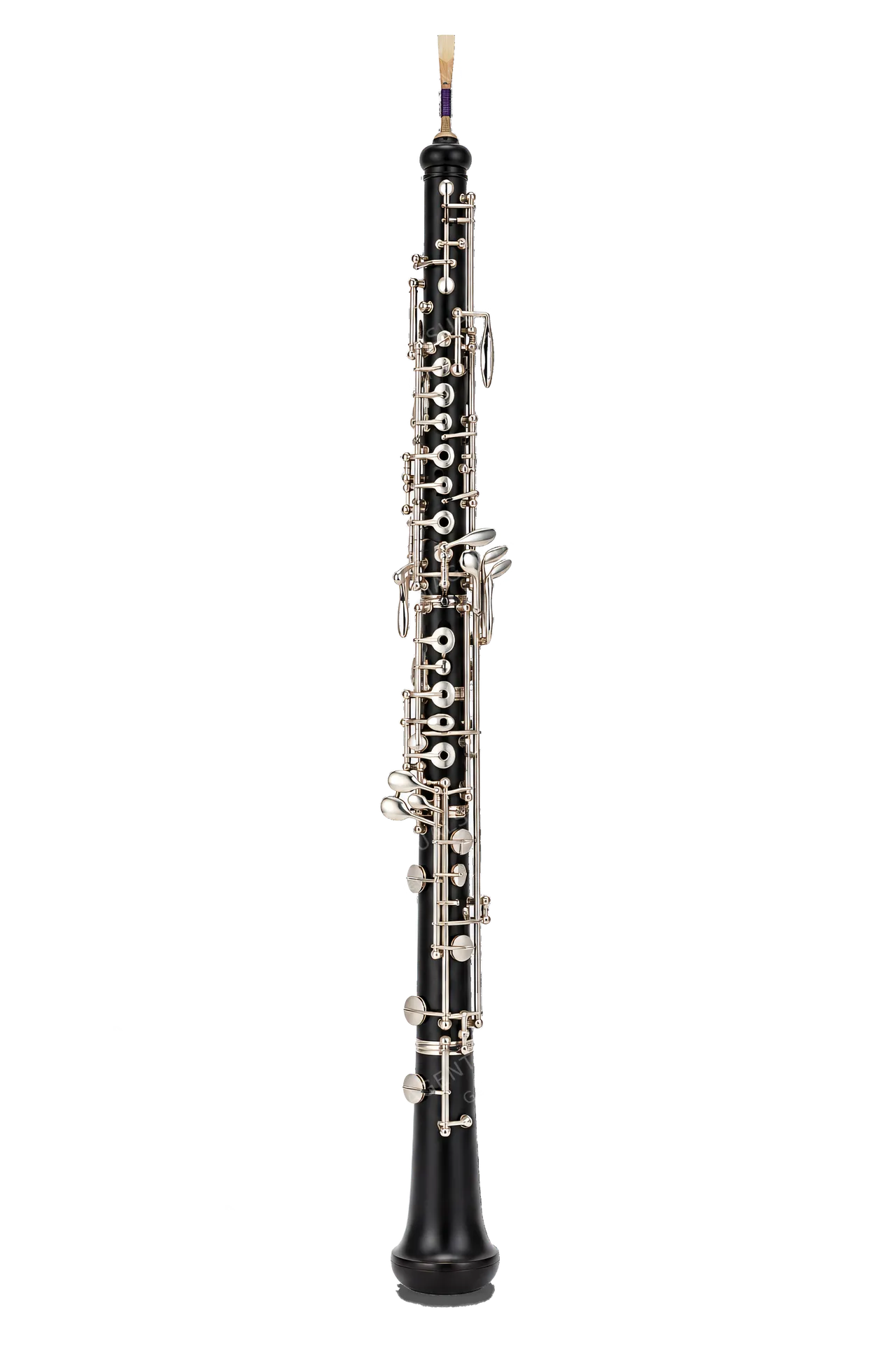 4K transparent cutout of product photography of a single black wooden oboe with complex silver keywork, isolated object, entire subject visible, centered in frame, pure white background, seamless white ba…