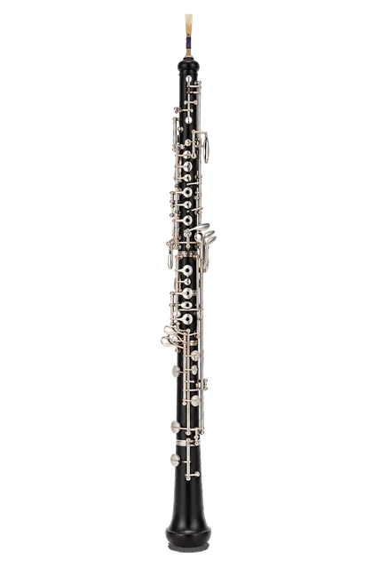 4K transparent cutout of product photography of a single black wooden oboe with complex silver keywork, isolated object, entire subject visible, centered in frame, pure white background, seamless white ba…