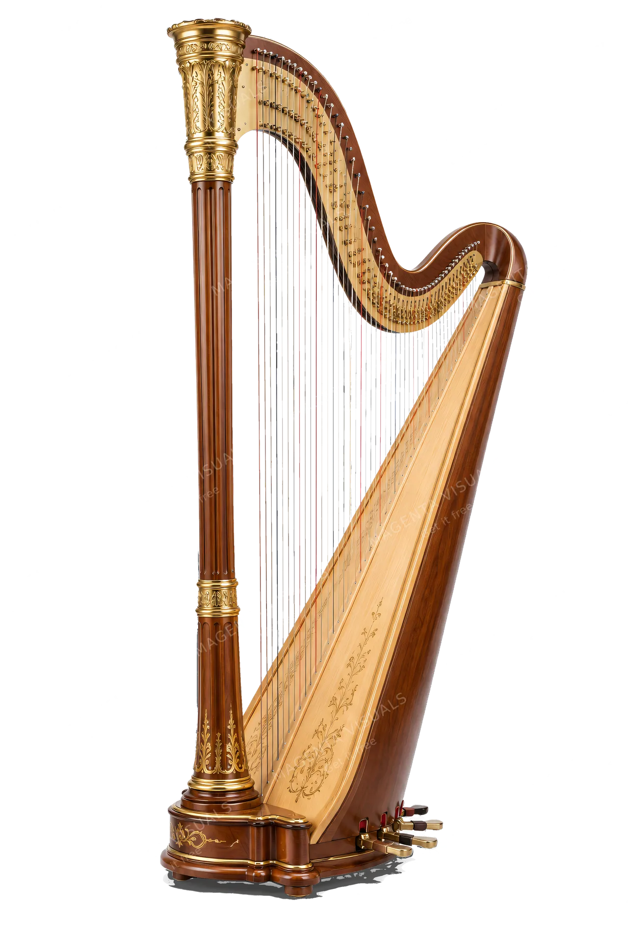 4K transparent cutout of product photography of a single elegant orchestral pedal harp made of polished wood with gold accents and taut strings, isolated object, entire subject visible, centered in frame,…