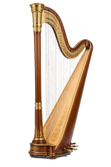 4K transparent cutout of product photography of a single elegant orchestral pedal harp made of polished wood with gold accents and taut strings, isolated object, entire subject visible, centered in frame,…