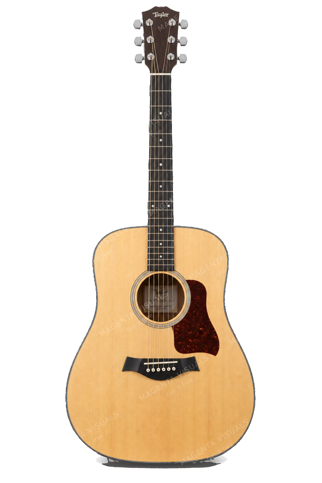 4K transparent cutout of product photography of a single wooden acoustic guitar with six strings, isolated object, entire subject visible, centered in frame, pure white background, seamless white backdrop…