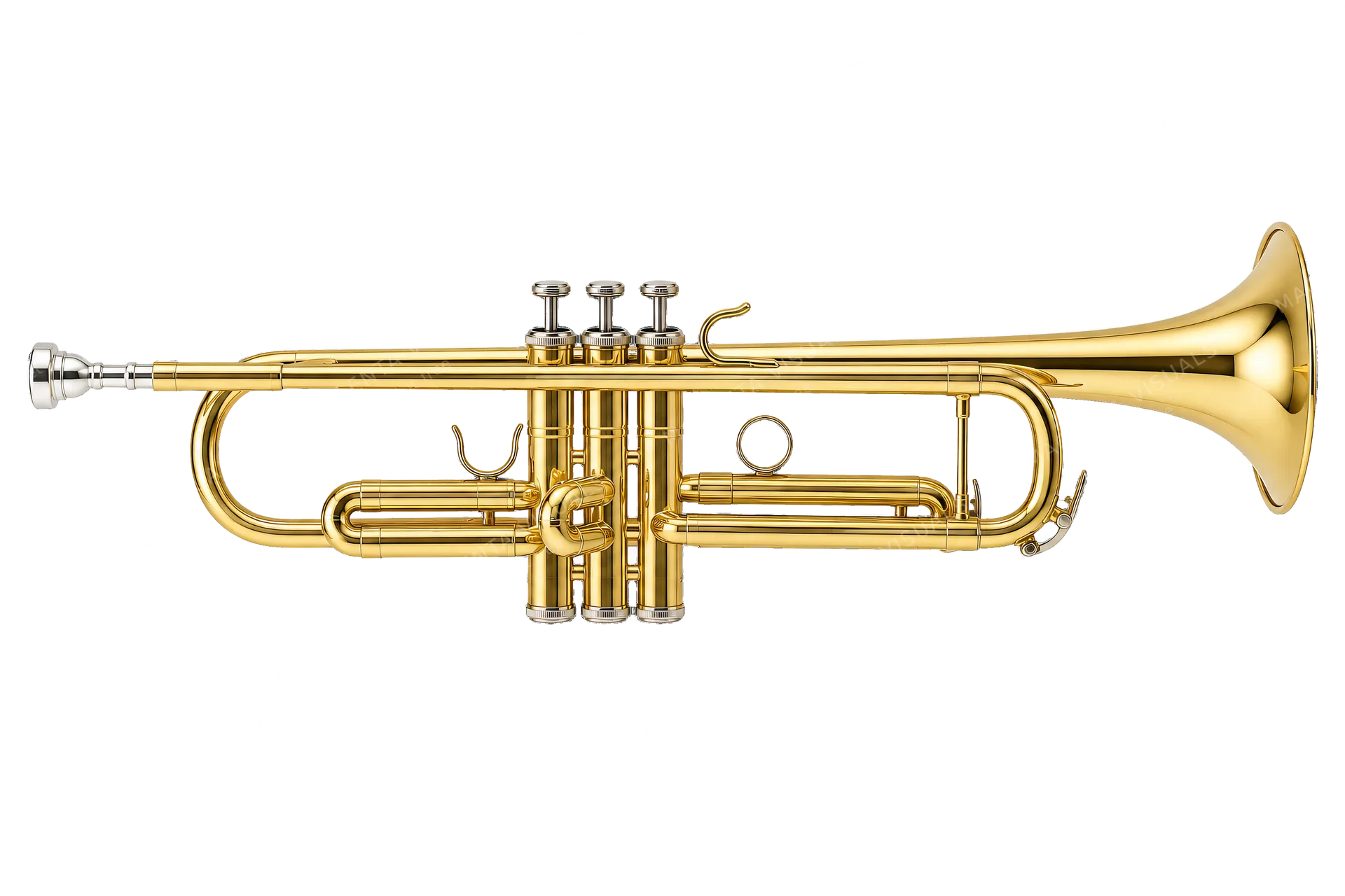 4K transparent cutout of product photography of a single shiny brass trumpet with detailed valves and mouthpiece, isolated object, entire subject visible, centered in frame, pure white background, seamles…