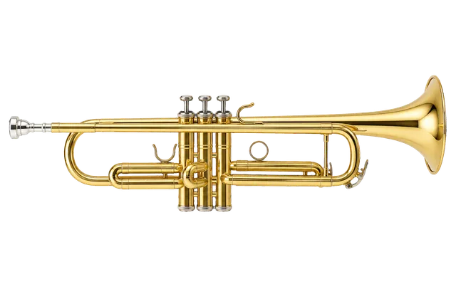 4K transparent cutout of product photography of a single shiny brass trumpet with detailed valves and mouthpiece, isolated object, entire subject visible, centered in frame, pure white background, seamles…