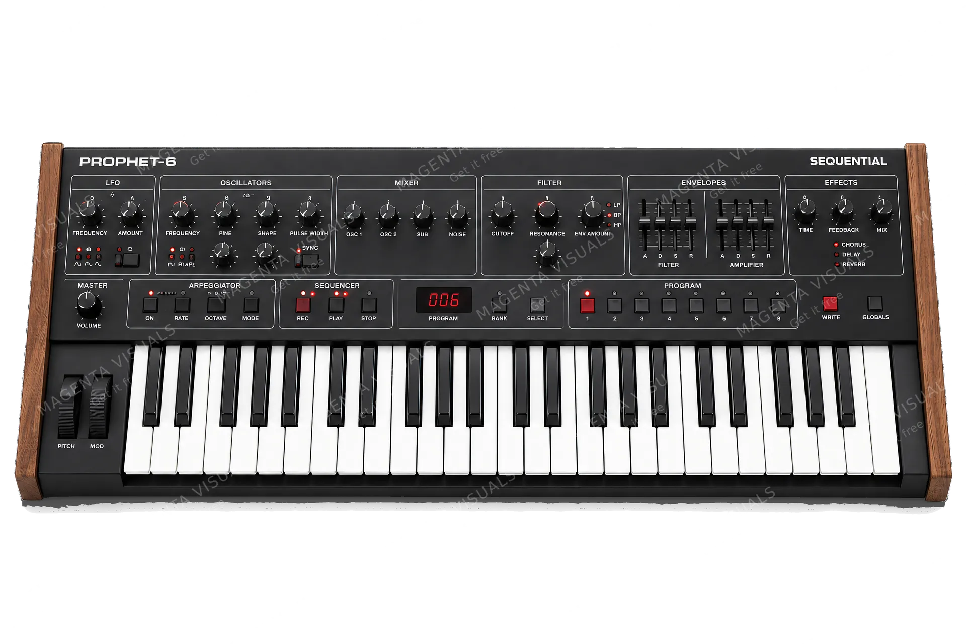 4K transparent cutout of product photography of a single modern analog synthesizer with wooden side panels, black keys, and an array of knobs and sliders, isolated object, entire subject visible, centered…