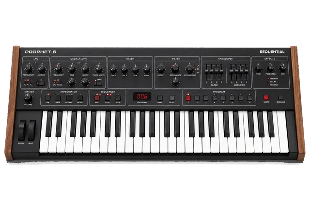 4K transparent cutout of product photography of a single modern analog synthesizer with wooden side panels, black keys, and an array of knobs and sliders, isolated object, entire subject visible, centered…