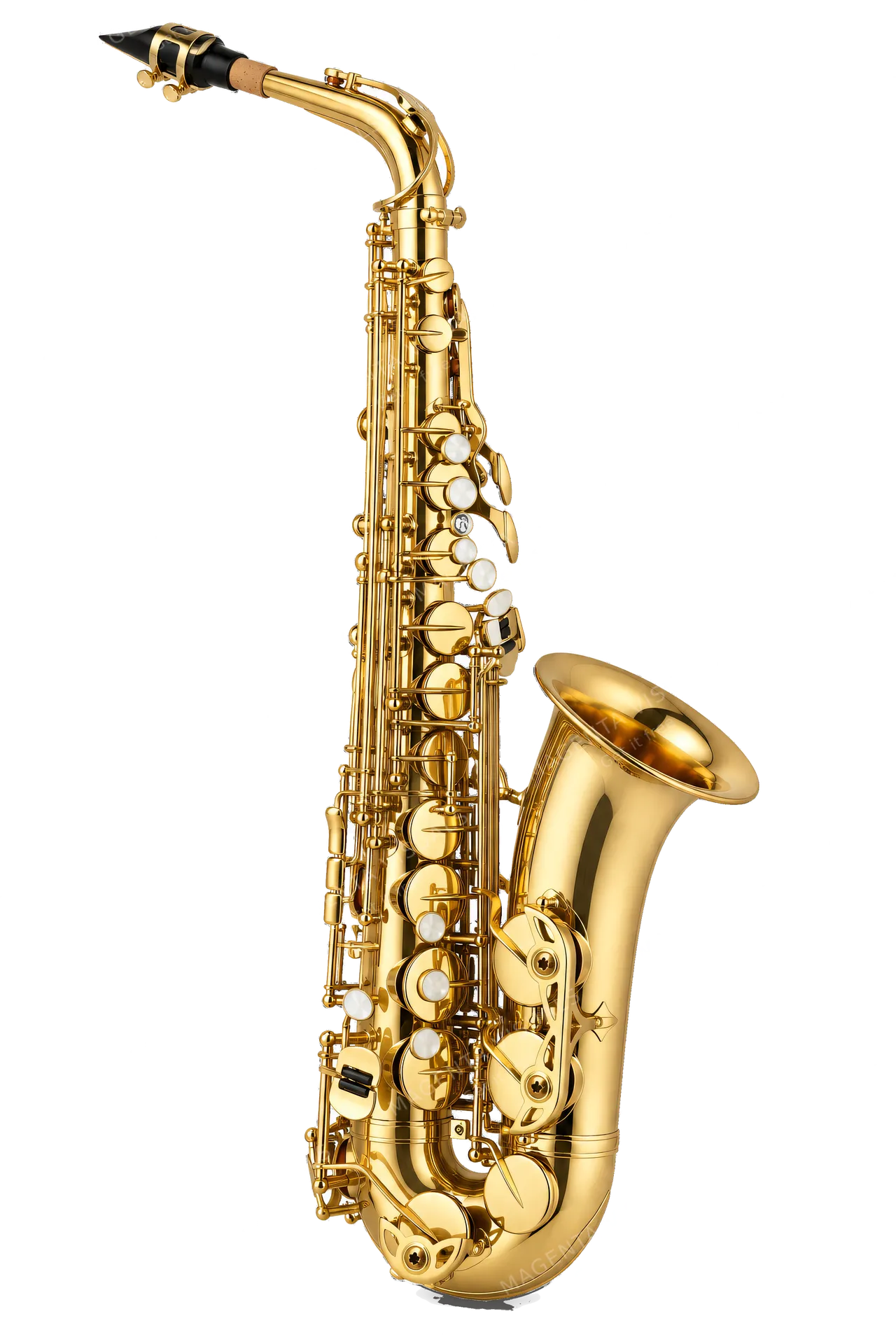 4K transparent cutout of product photography of a single gleaming brass alto saxophone with intricate keywork and mother-of-pearl touches, isolated object, entire subject visible, centered in frame, pure…