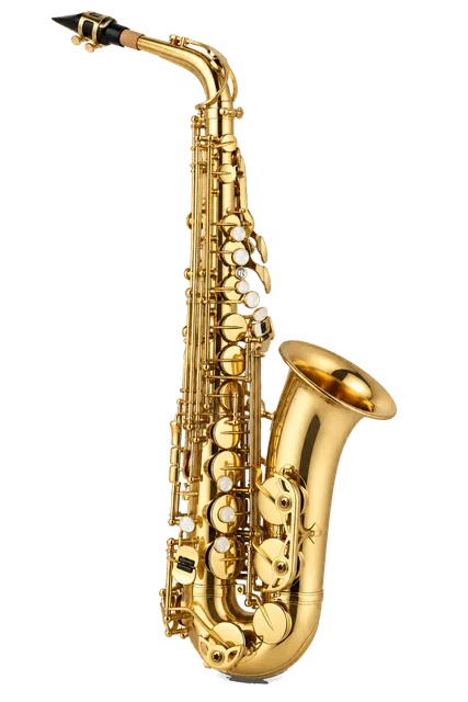 4K transparent cutout of product photography of a single gleaming brass alto saxophone with intricate keywork and mother-of-pearl touches, isolated object, entire subject visible, centered in frame, pure…