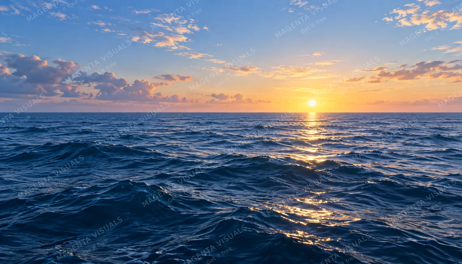 4K 16:9 widescreen background, desktop wallpaper or UI backdrop, calm open ocean surface, rhythmic rolling deep blue swells, glistening ripples reflecting soft sky, horizon vista wit…