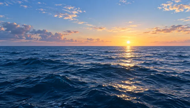 4K 16:9 widescreen background, desktop wallpaper or UI backdrop, calm open ocean surface, rhythmic rolling deep blue swells, glistening ripples reflecting soft sky, horizon vista wit…