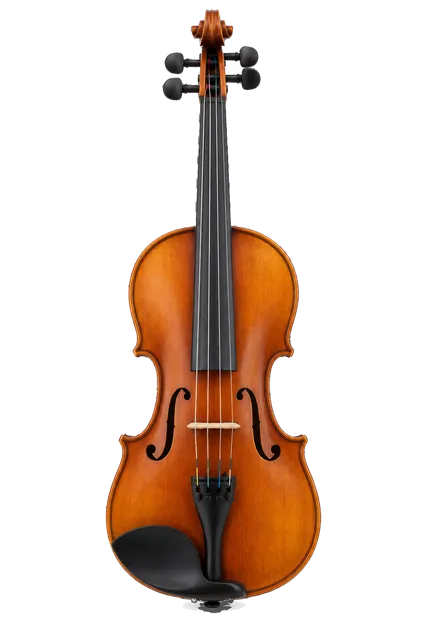 4K transparent cutout of product photography of a single acoustic wooden violin with a carved scroll, f-holes, four strings, and a polished warm brown varnish finish, isolated object, entire subject visib…