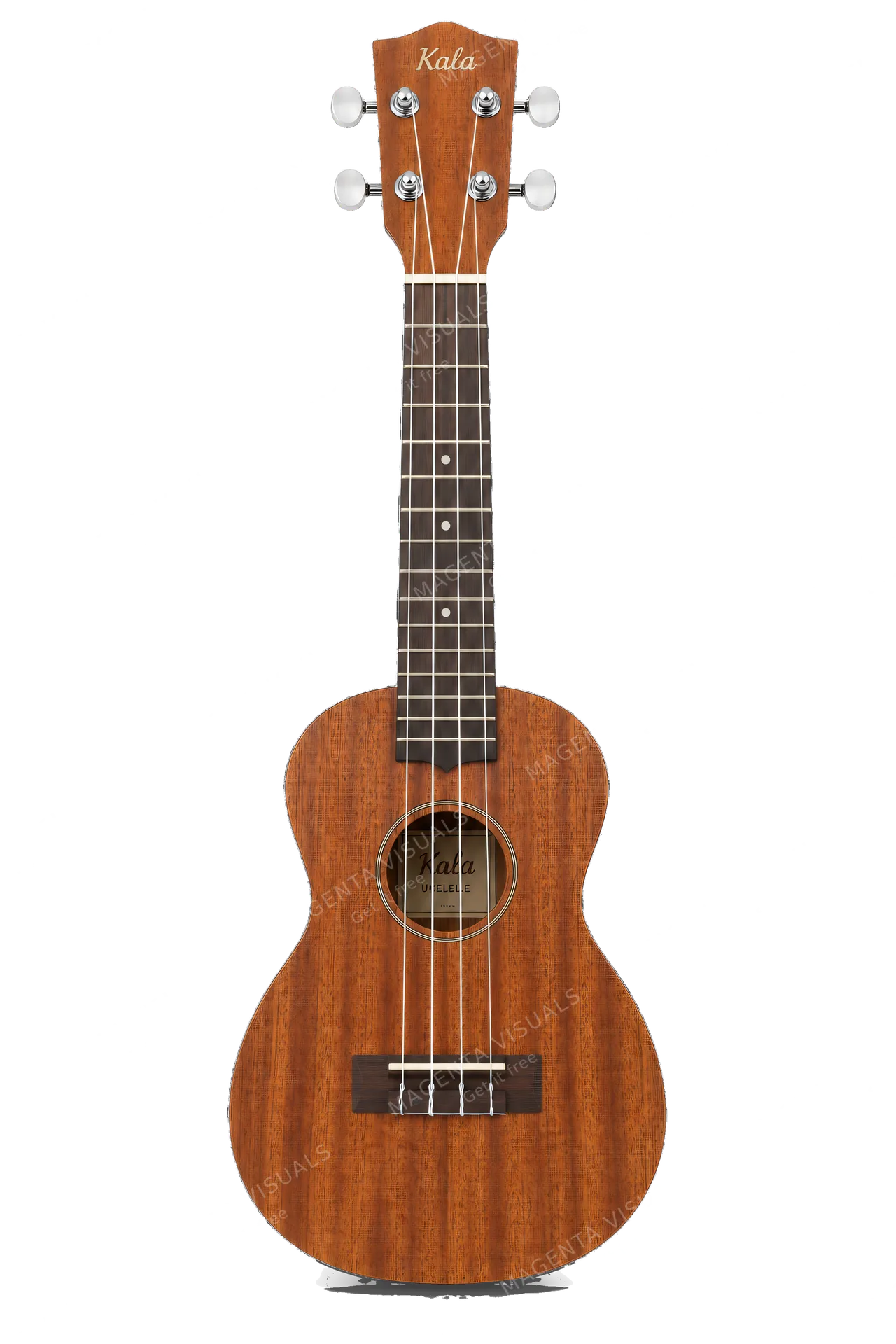 4K transparent cutout of product photography of a single wooden acoustic ukulele, isolated object, entire subject visible, centered in frame, pure white background, seamless white backdrop, high key studi…