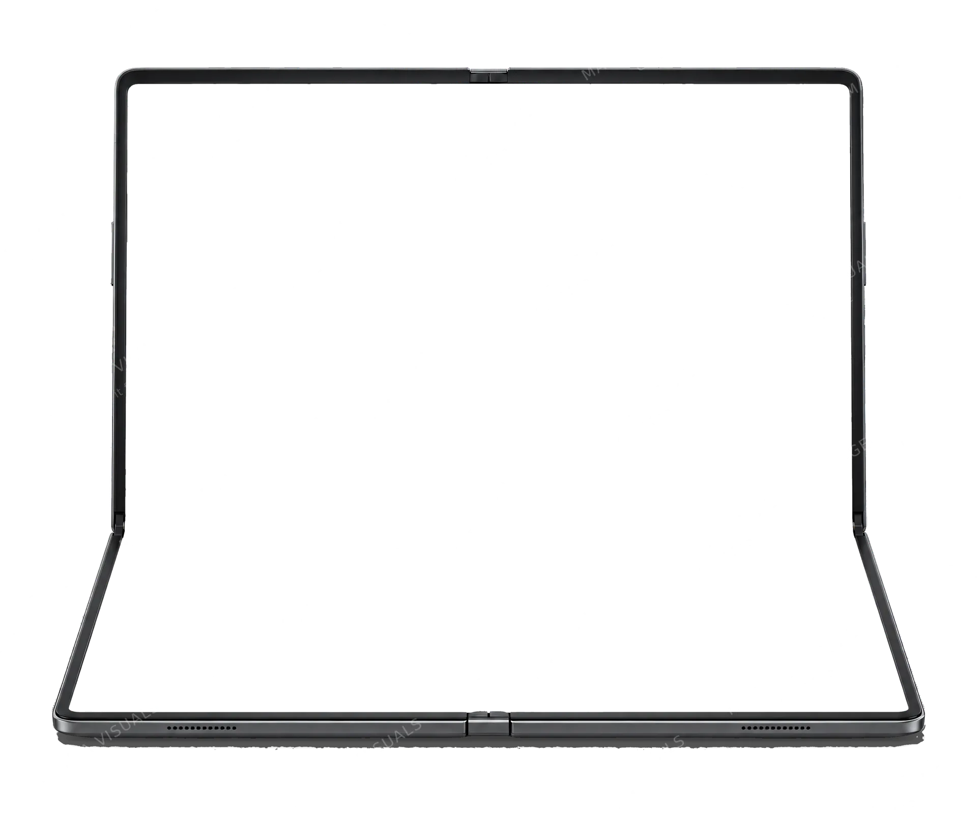 4K transparent cutout of product photography of a single open foldable laptop, seamless folding OLED display unfolded and facing camera, isolated object, entire device visible, centered in frame, straight…