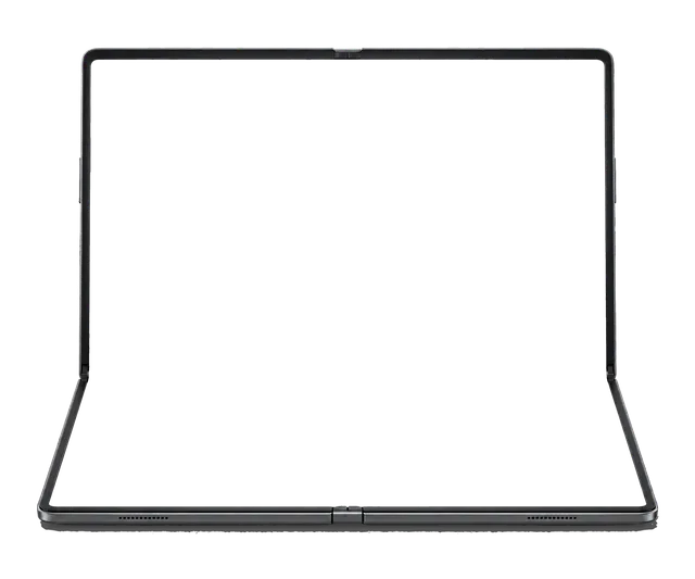 4K transparent cutout of product photography of a single open foldable laptop, seamless folding OLED display unfolded and facing camera, isolated object, entire device visible, centered in frame, straight…