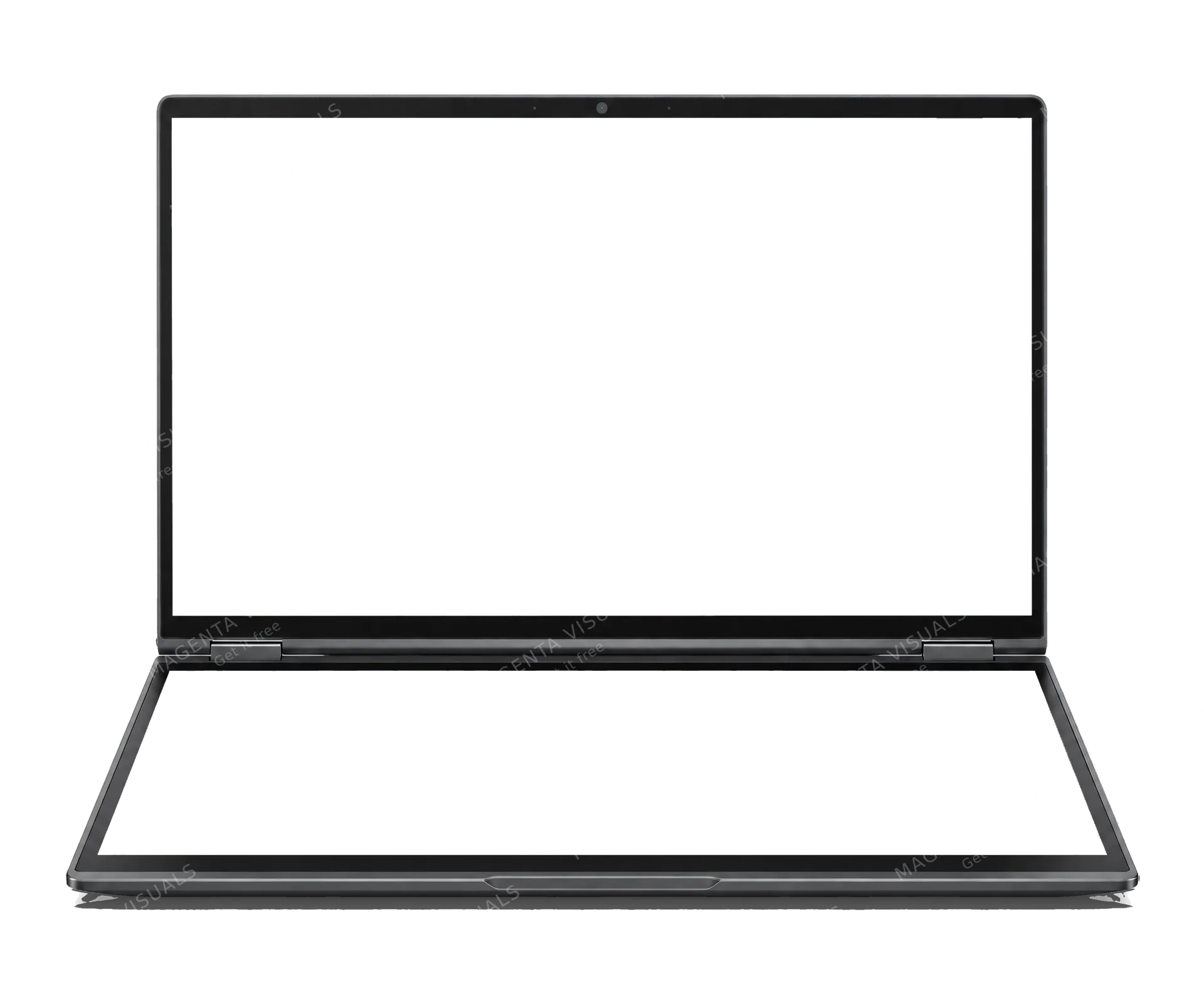 4K transparent cutout of product photography of a single open dual-screen laptop with a primary top screen and a secondary base screen instead of a physical keyboard, isolated object, entire device visibl…