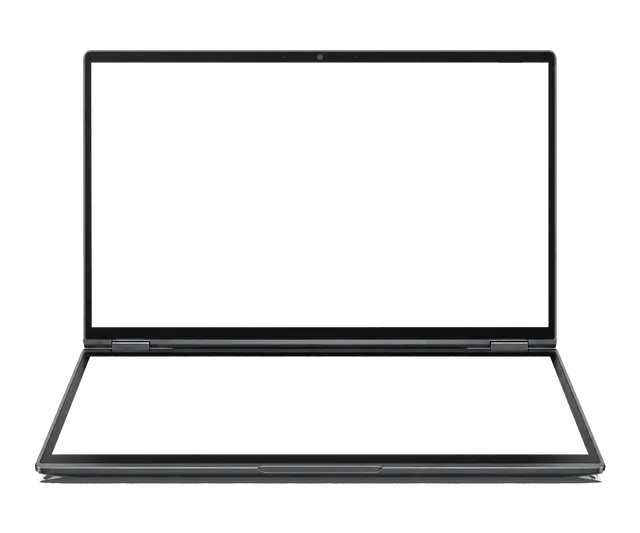 4K transparent cutout of product photography of a single open dual-screen laptop with a primary top screen and a secondary base screen instead of a physical keyboard, isolated object, entire device visibl…
