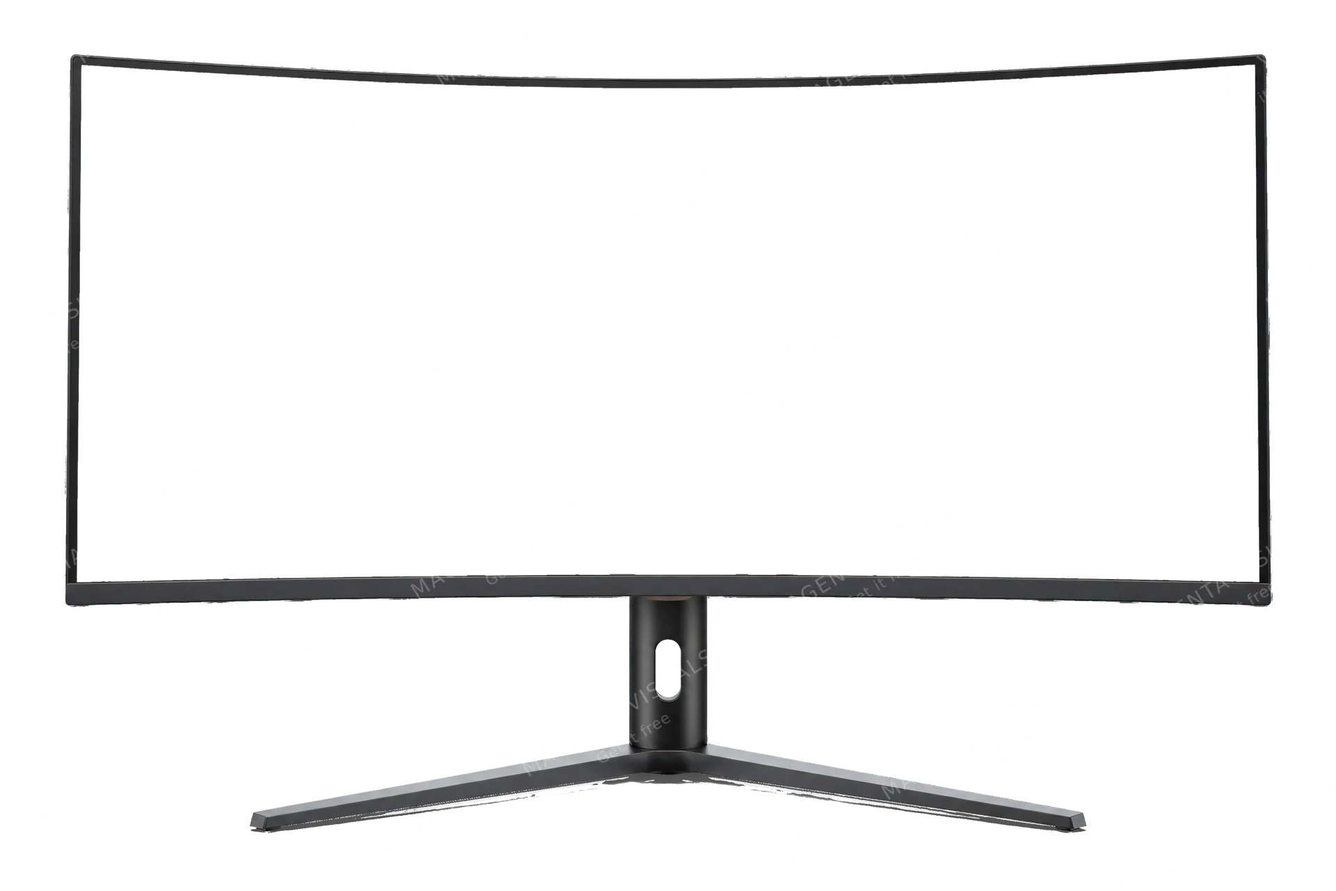 4K transparent cutout of product photography of a single curved computer monitor on a modern stand, subtle panoramic curve facing directly to camera, isolated object, entire device visible, centered in fr…