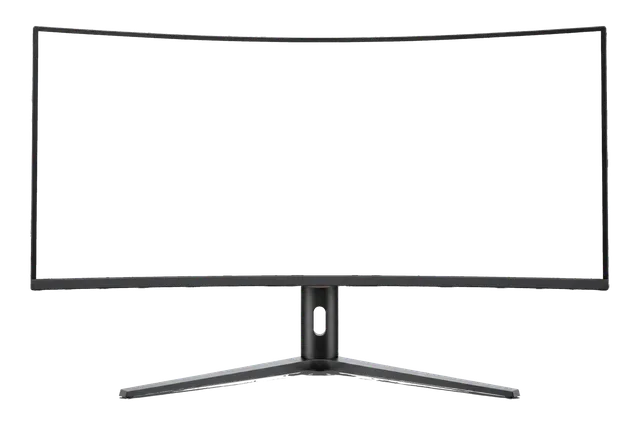 4K transparent cutout of product photography of a single curved computer monitor on a modern stand, subtle panoramic curve facing directly to camera, isolated object, entire device visible, centered in fr…