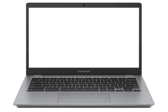 4K transparent cutout of product photography of a single open compact Chromebook laptop, front view, lid/screen facing camera, keyboard visible below the screen, blank white panel, isolated object, entire…