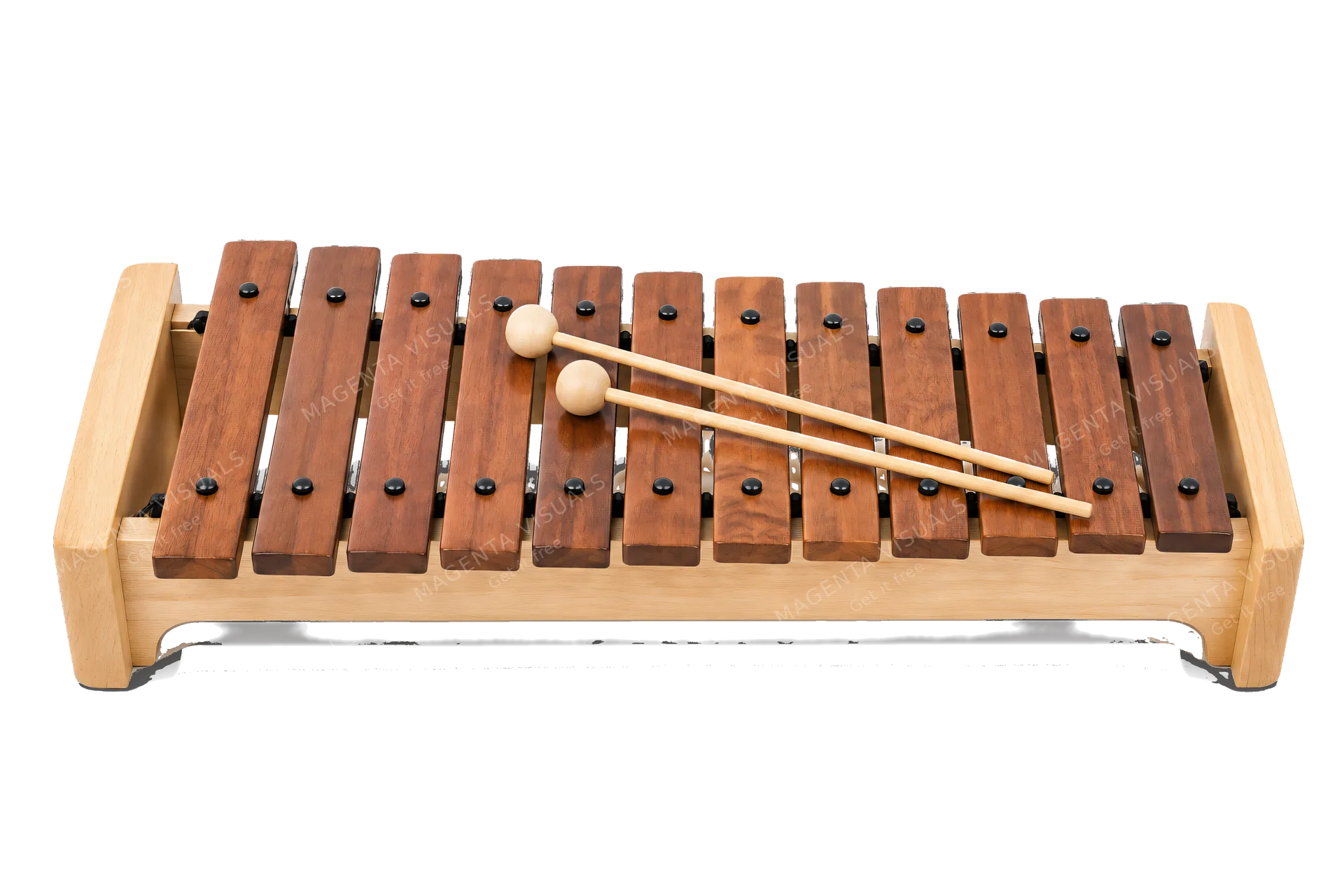 4K transparent cutout of product photography of a single xylophone with wooden tone bars and mallets resting on it, isolated object, entire subject visible, centered in frame, pure white background, seaml…