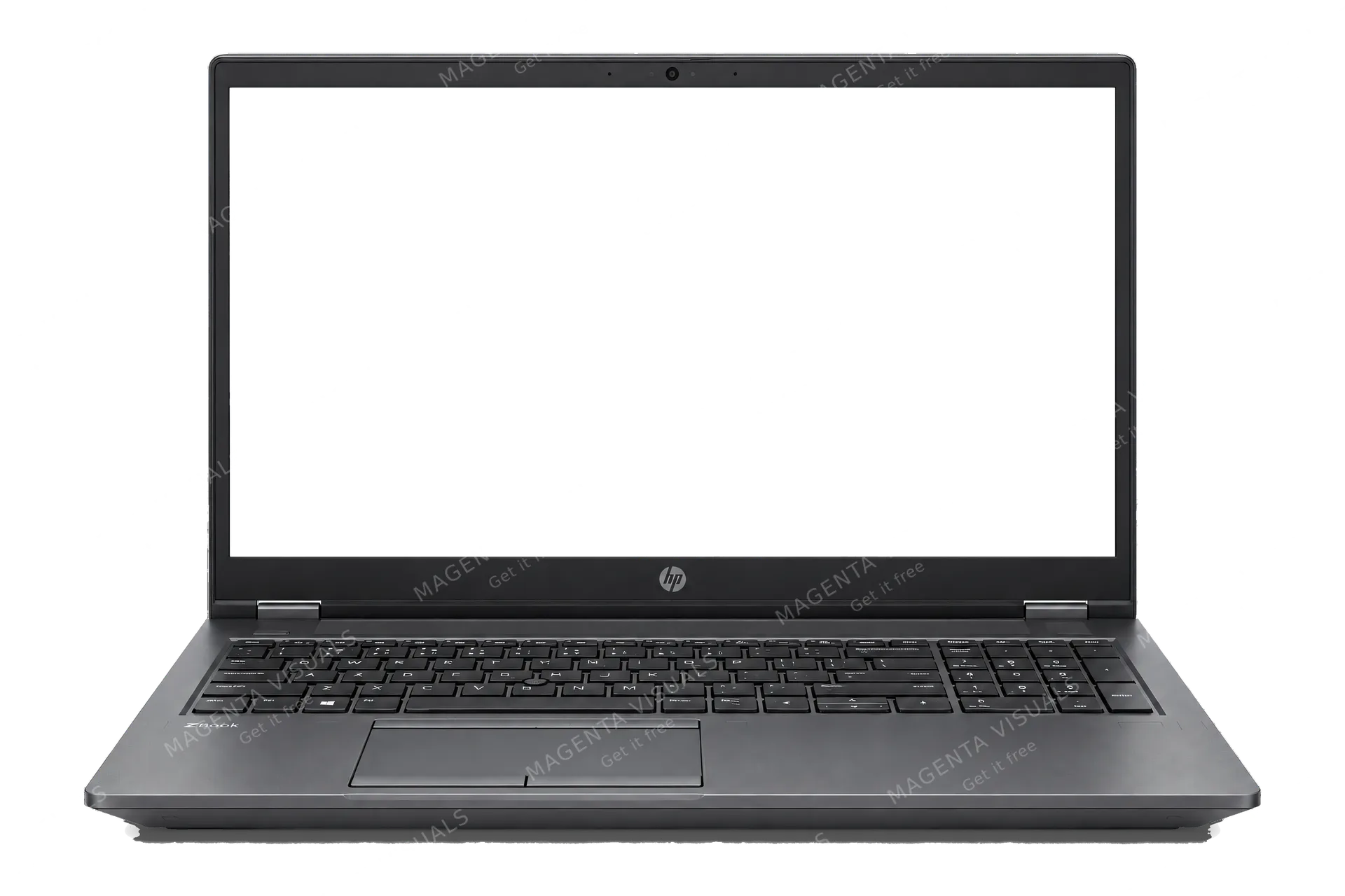 4K transparent cutout of product photography of a single open mobile workstation laptop, robust chassis with keyboard visible below the screen, isolated object, entire device visible, centered in frame, s…