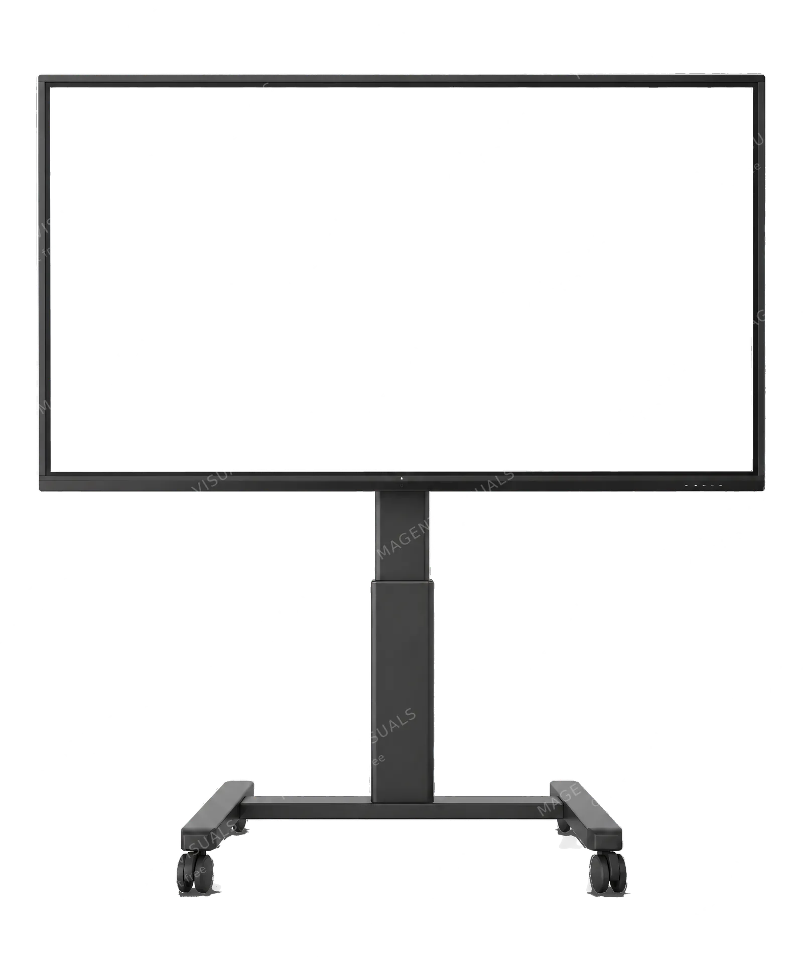 4K transparent cutout of product photography of a single modern interactive touchscreen display monitor on adjustable stand, edge-to-edge flat glass screen, isolated object, entire device visible, centere…