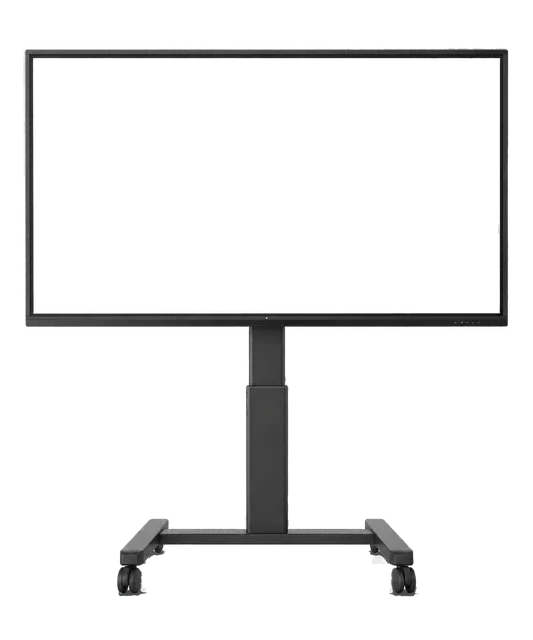 4K transparent cutout of product photography of a single modern interactive touchscreen display monitor on adjustable stand, edge-to-edge flat glass screen, isolated object, entire device visible, centere…