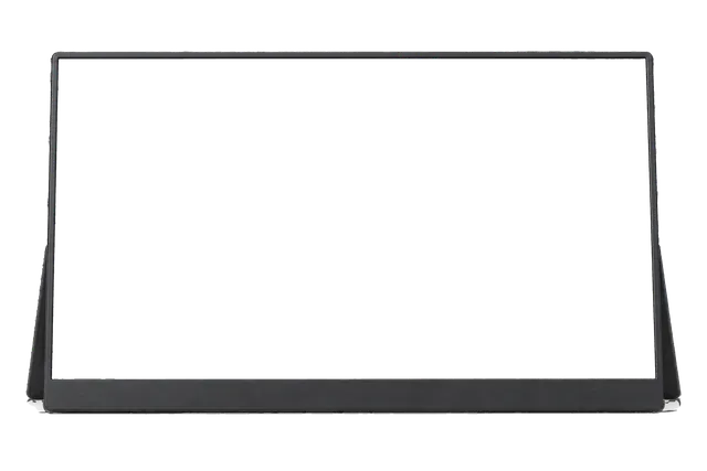 4K transparent cutout of product photography of a single ultra-slim portable monitor with integrated kickstand prop and thin bezels, isolated object, entire device visible, centered in frame, straight-on…