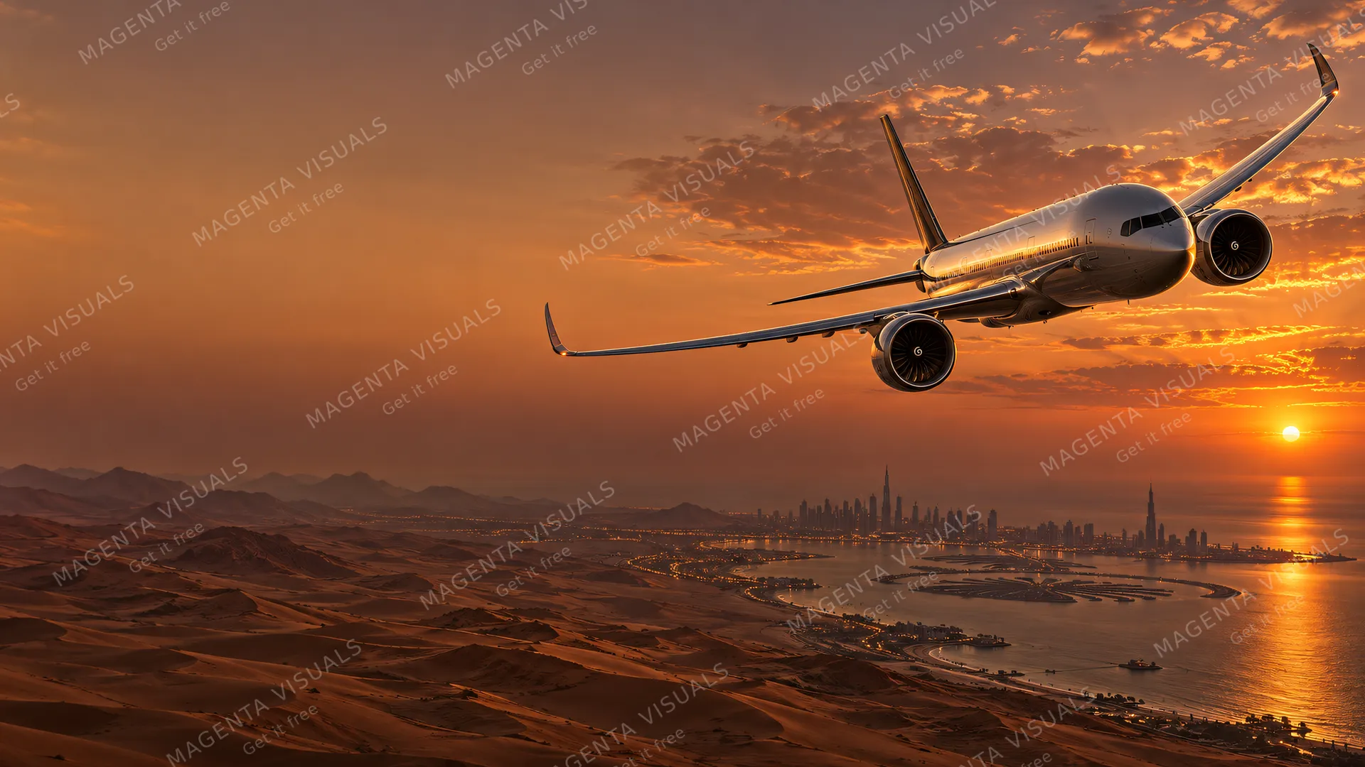 4K wallpaper of A breathtaking 16:9 widescreen desktop wallpaper capturing a Boeing 777X in a sweeping turn across the right half of the frame during a spectacular desert sunset over the Arabian…