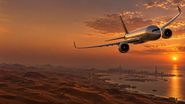 4K wallpaper of A breathtaking 16:9 widescreen desktop wallpaper capturing a Boeing 777X in a sweeping turn across the right half of the frame during a spectacular desert sunset over the Arabian…