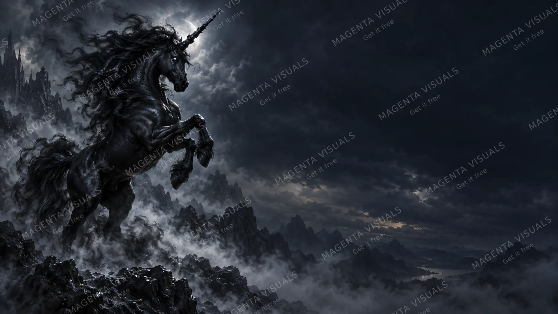 4K wallpaper of 16:9 widescreen artistic Windows desktop wallpaper, a majestic dark unicorn rearing up on the left side with a smoky obsidian mane and a jagged black horn, shrouded in swirling mi…