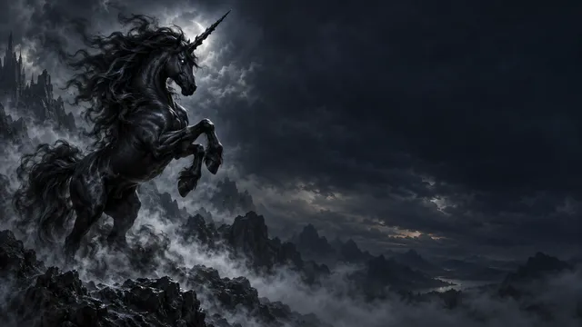 4K wallpaper of 16:9 widescreen artistic Windows desktop wallpaper, a majestic dark unicorn rearing up on the left side with a smoky obsidian mane and a jagged black horn, shrouded in swirling mi…