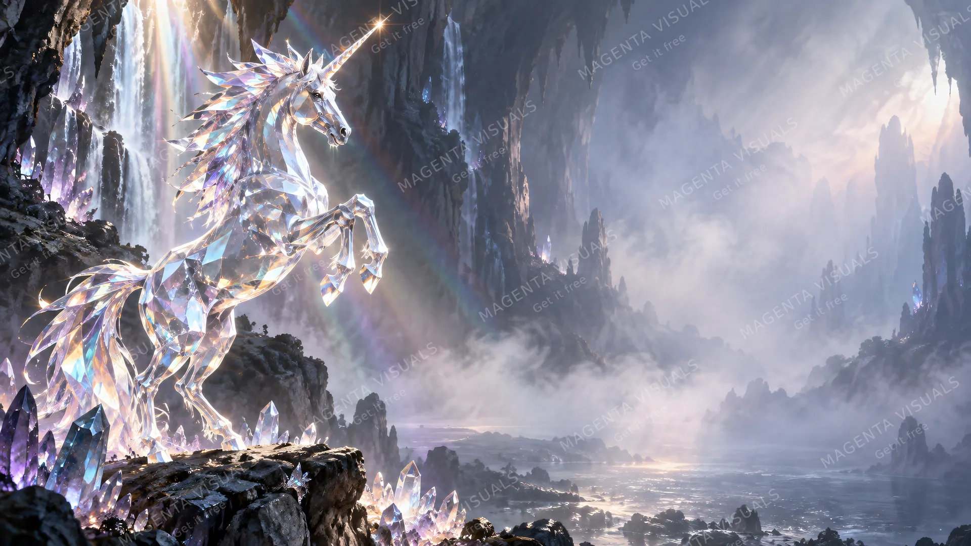 4K wallpaper of 16:9 widescreen artistic Windows desktop wallpaper, a radiant crystal unicorn rearing up on the left side, its translucent faceted body catching soft rainbow refractions of light,…