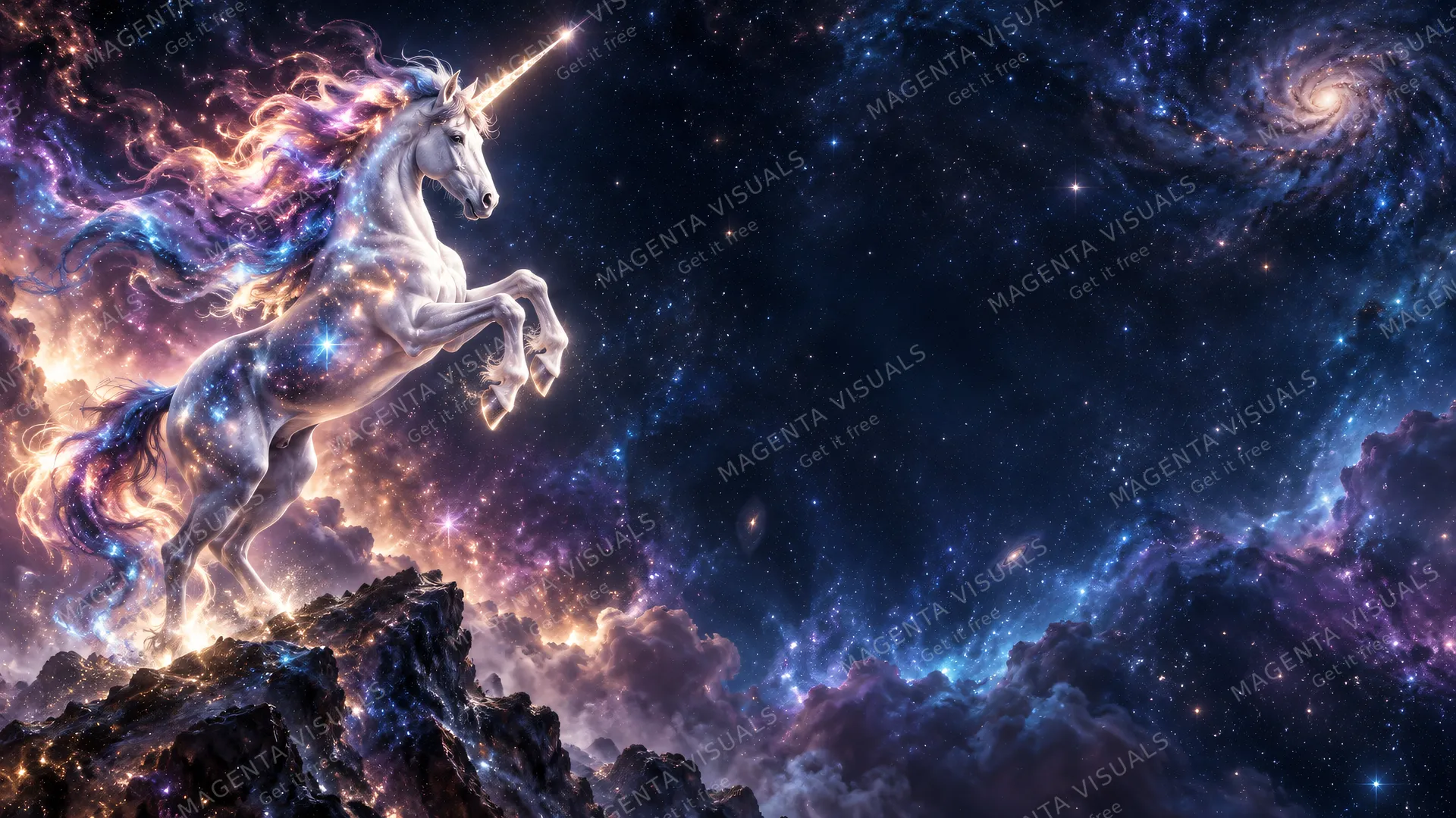 4K wallpaper of 16:9 widescreen desktop wallpaper, a celestial unicorn rearing on the left side with a nebula-infused mane and star-dusted coat, deep calm cosmos with smooth stardust clouds filli…