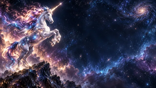4K wallpaper of 16:9 widescreen desktop wallpaper, a celestial unicorn rearing on the left side with a nebula-infused mane and star-dusted coat, deep calm cosmos with smooth stardust clouds filli…