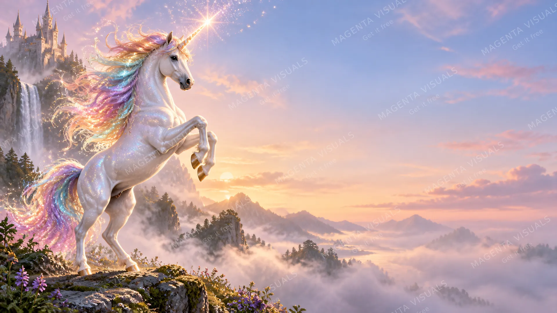 4K wallpaper of 16:9 widescreen artistic Windows desktop wallpaper, a magical shimmering unicorn rearing up on the left side with a sparkling rainbow mane and a brilliantly glowing horn, soft iri…
