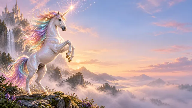4K wallpaper of 16:9 widescreen artistic Windows desktop wallpaper, a magical shimmering unicorn rearing up on the left side with a sparkling rainbow mane and a brilliantly glowing horn, soft iri…