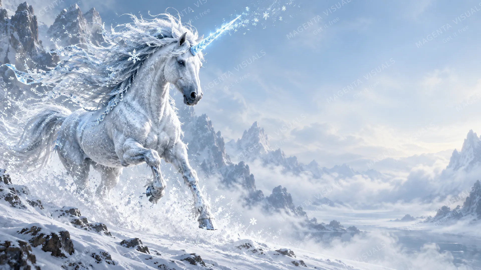 4K wallpaper of 16:9 widescreen artistic Windows desktop wallpaper, a majestic ice unicorn mid-gallop on the left side with a frost-covered mane and a crystalline glowing horn leaving a trail of…