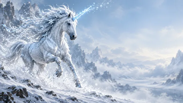 4K wallpaper of 16:9 widescreen artistic Windows desktop wallpaper, a majestic ice unicorn mid-gallop on the left side with a frost-covered mane and a crystalline glowing horn leaving a trail of…