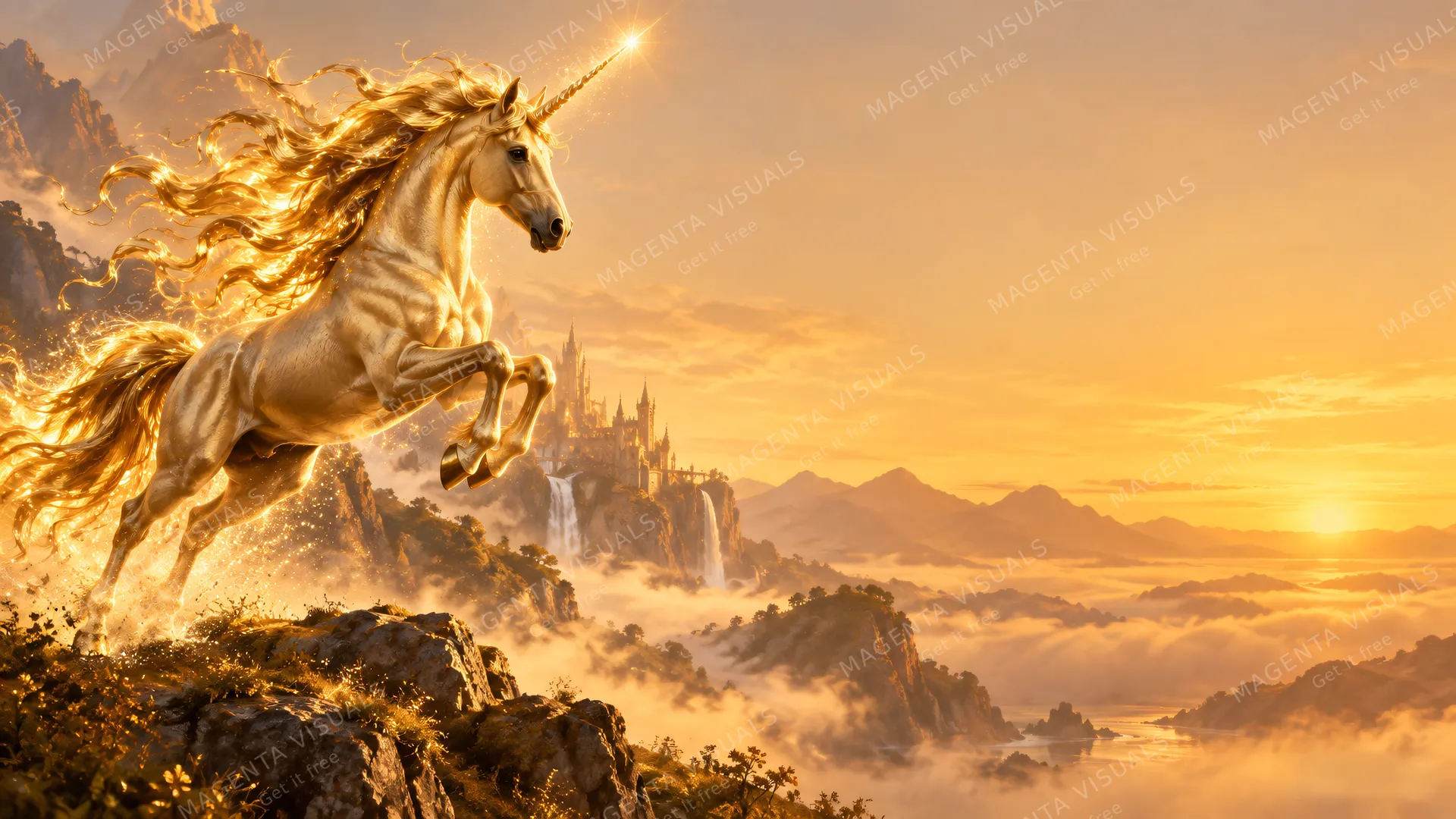 4K wallpaper of 16:9 widescreen artistic Windows desktop wallpaper, a majestic golden unicorn leaping on the left side with a flowing mane of liquid gold and a brilliant shining horn, soft golden…
